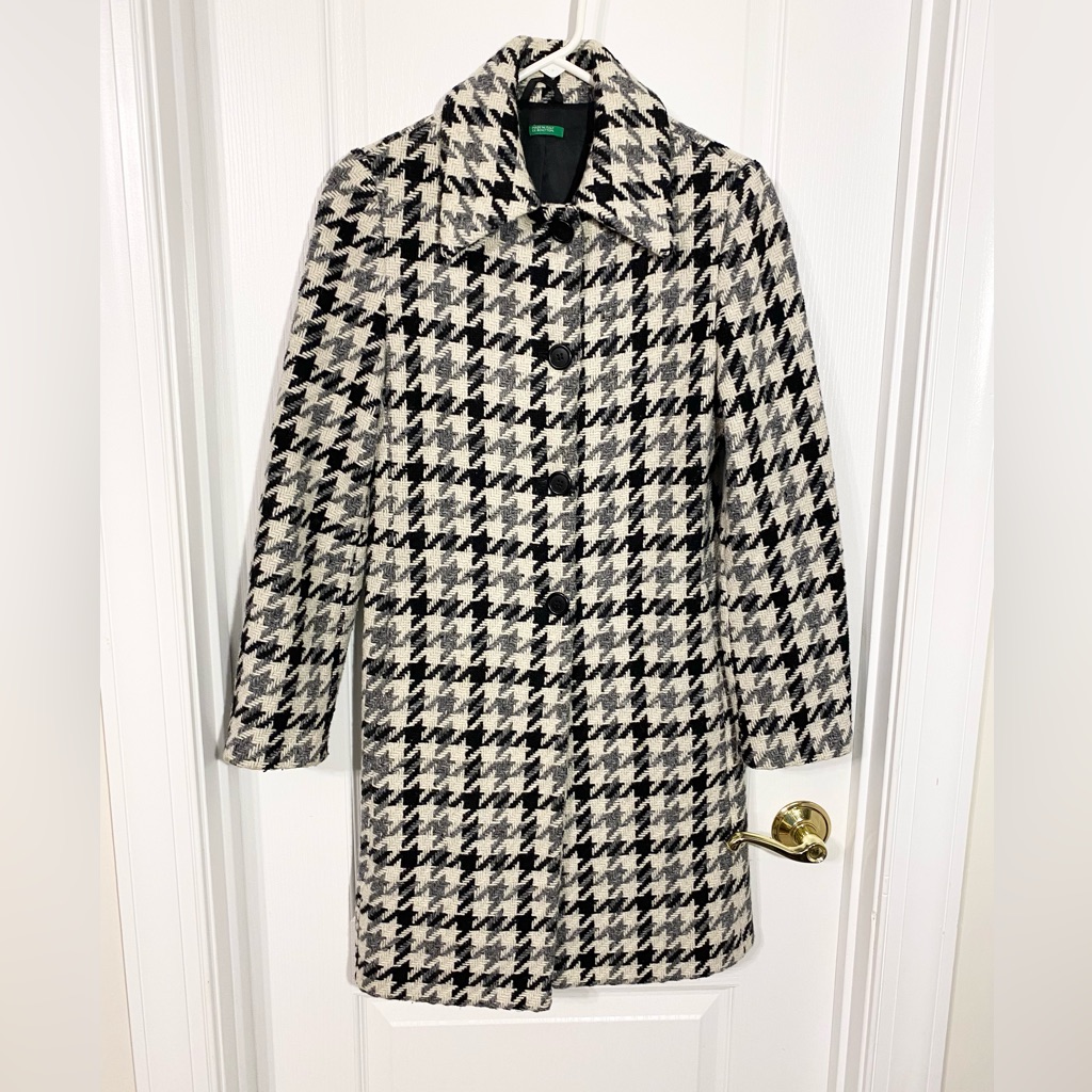 90s United Colors Of Benetton Houndstooth Virgin Wool Coat Italy Made Vintage Xs